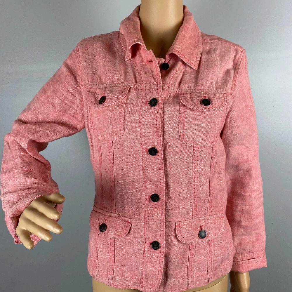 J Jill Womens Cotton S Petite Button Down Salmon/Coral/Peach Blazer Coat Jacket